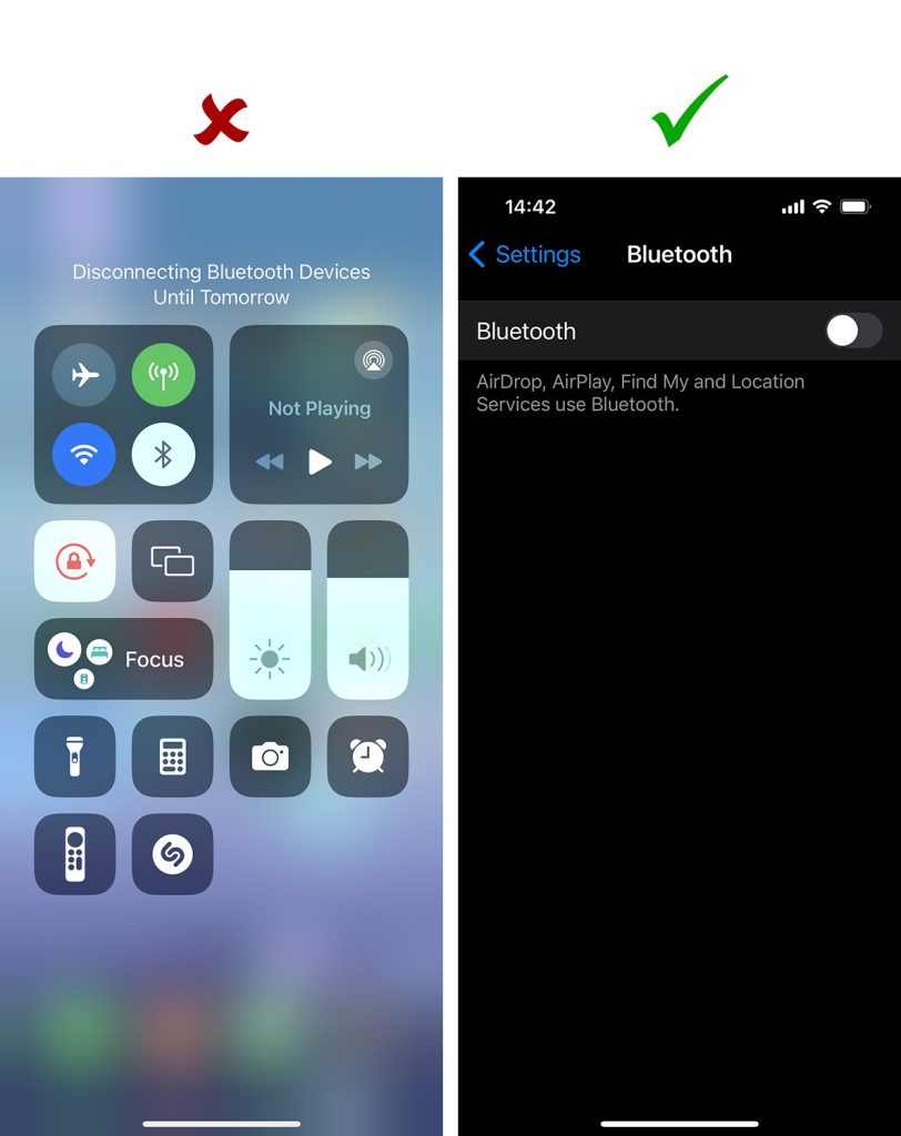 در هر صورت، ما به شما یادآوری می کنیم که چگونه بلوتوث را در iOS و iPadOS به درستی خاموش کنید: این کار را نه از طریق مرکز کنترل، بلکه از طریق تنظیمات انجام دهید.